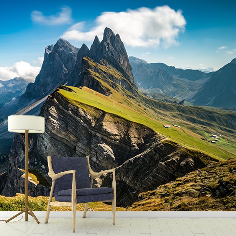 Mountains with Clouds Wall Mural Green Contemporary Wall Covering for Living Room