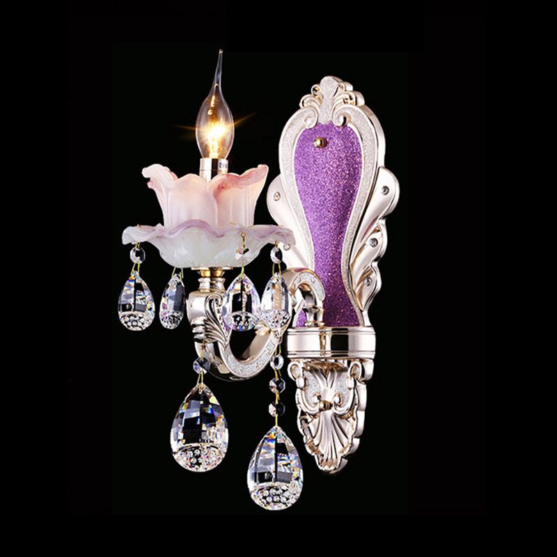 Luz de montaje de pared de candelabra morado 1/2 luces de jade jade luminidad con caída de cristal