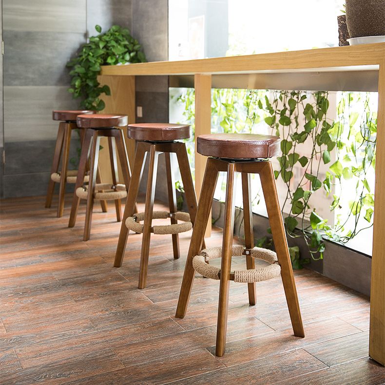 Modern Counter Bar Stool Armless Leather Bar Stool with Footrest and Swivel, Wood Base