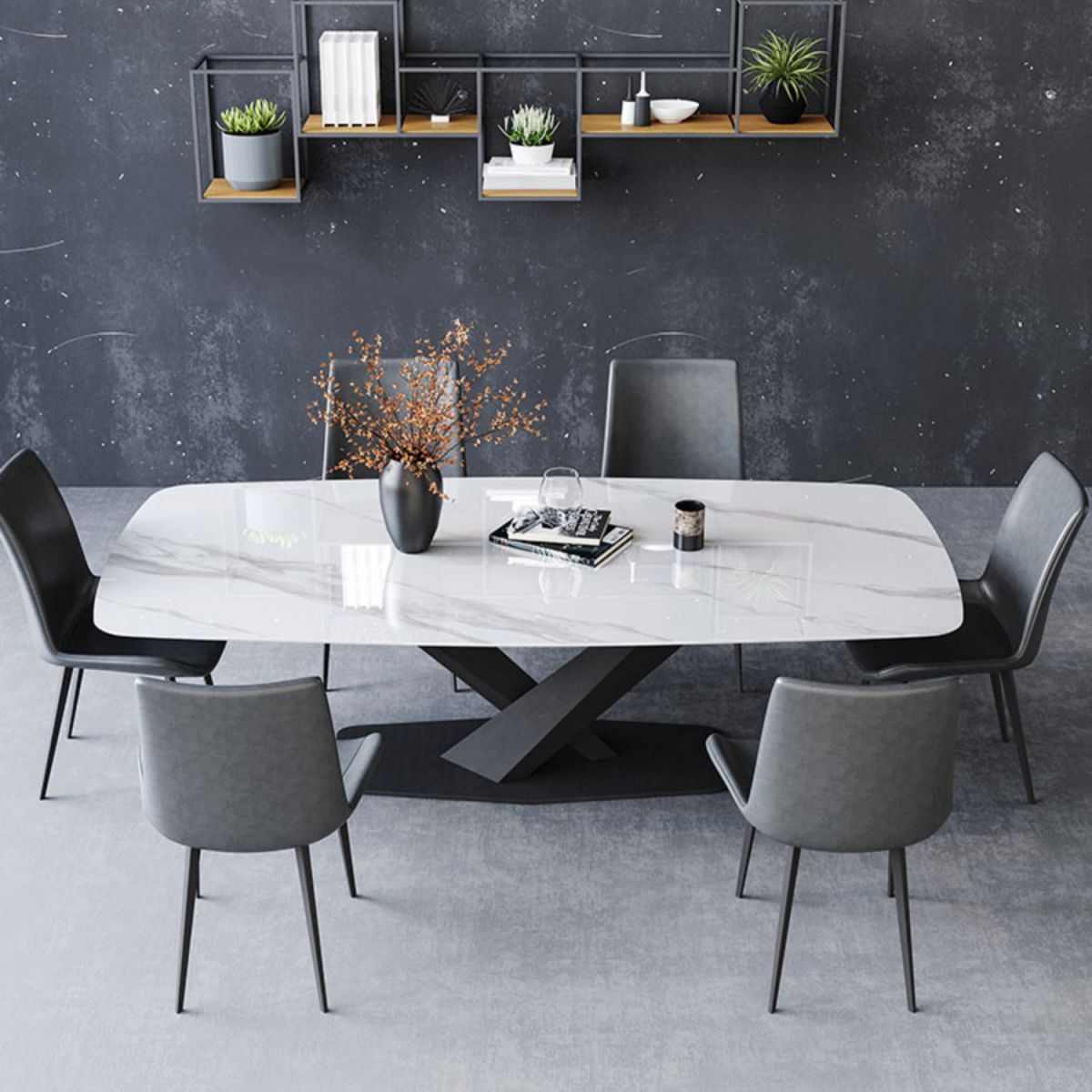 Modern Style Sintered Stone Dining Table with White Table and Black Trestle Base for Home Use