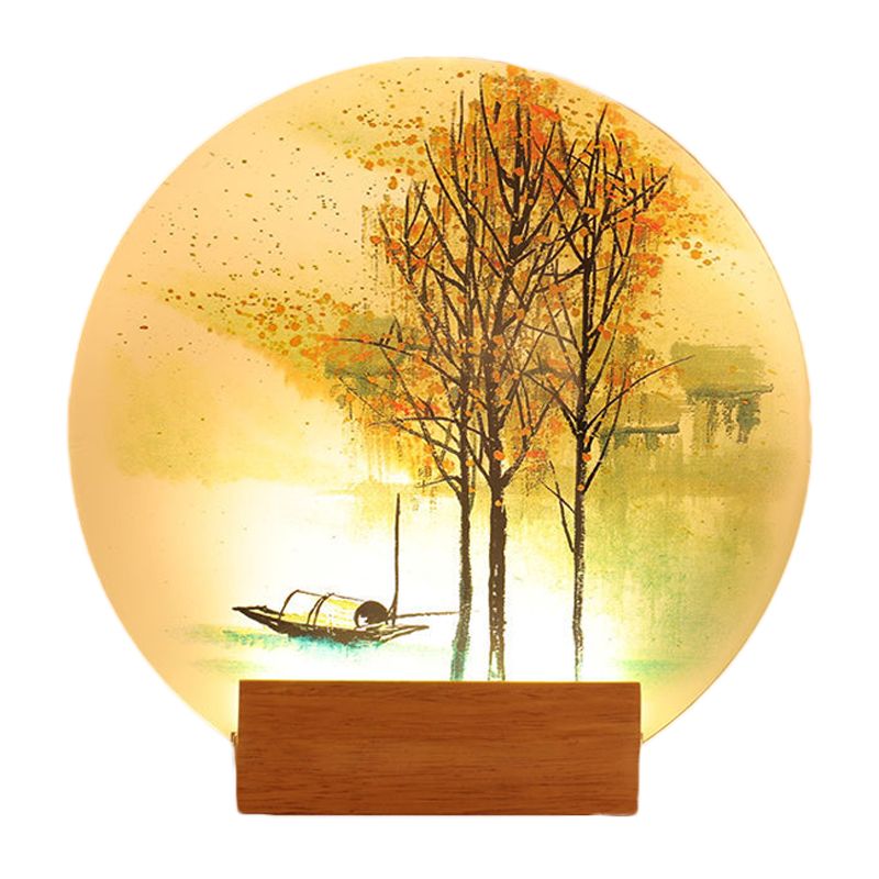 Goldfish/Boat Bedside Mural Lamp Acrylic Asian LED Disc Wall Light Sconce with Wooden Arm