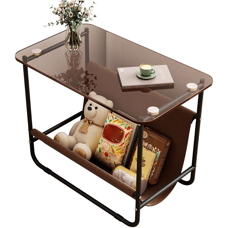 Contemporary Brown Glass Top Side Table Steel Sled Base End Table