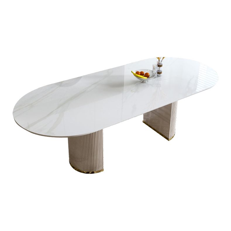 Ovale dubbele voetstuk glamour eettafel witte tint vaste tafel met gesinterde steen