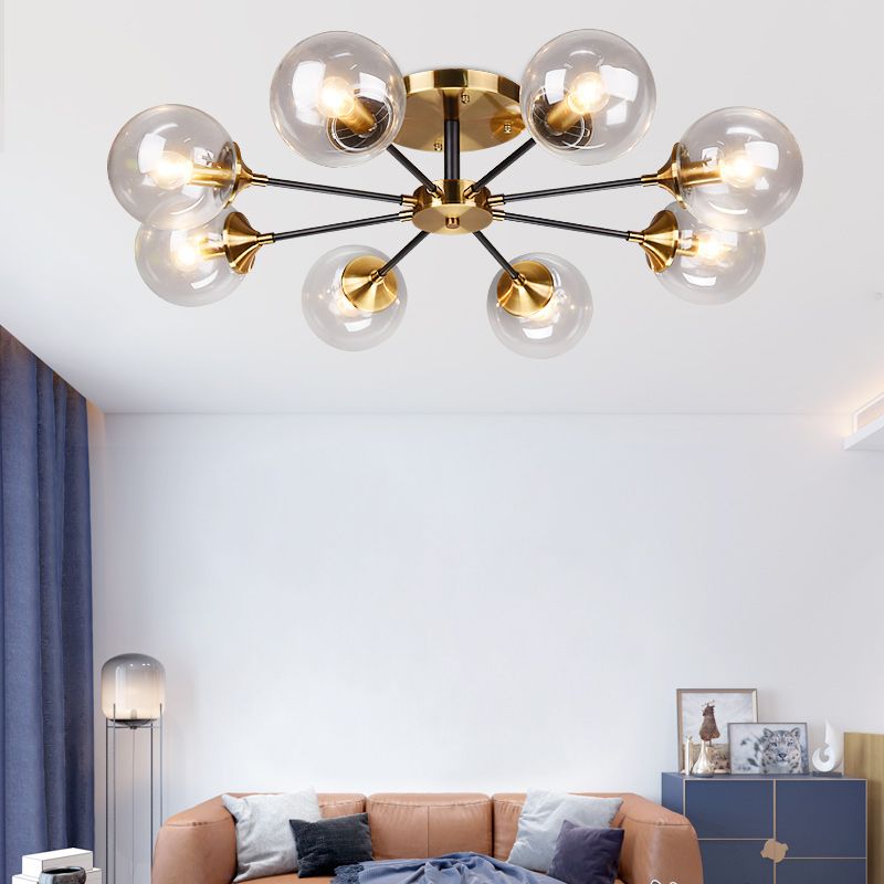 Burst Design Living Room Flushmount Ball Glass Postmodern Semi Flush Mount Light in Brass