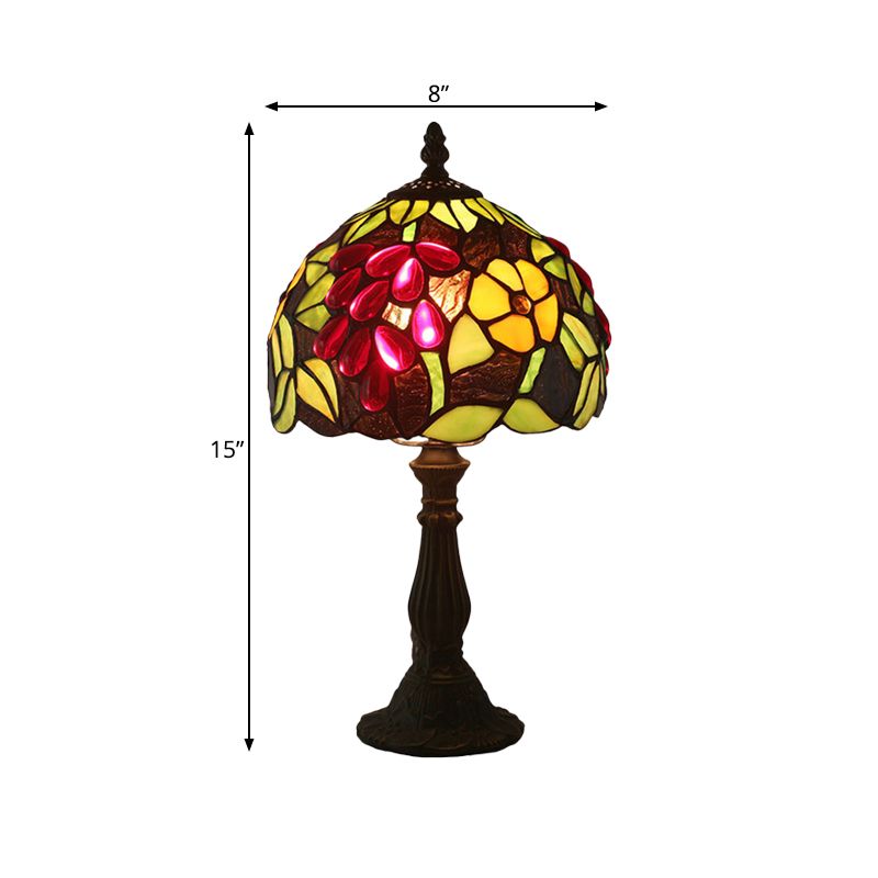 Dome Shape Cut Glass Night Light Tiffany 1 Head Yellow/Green Grape Patterned Nightstand Lamp for Bedroom