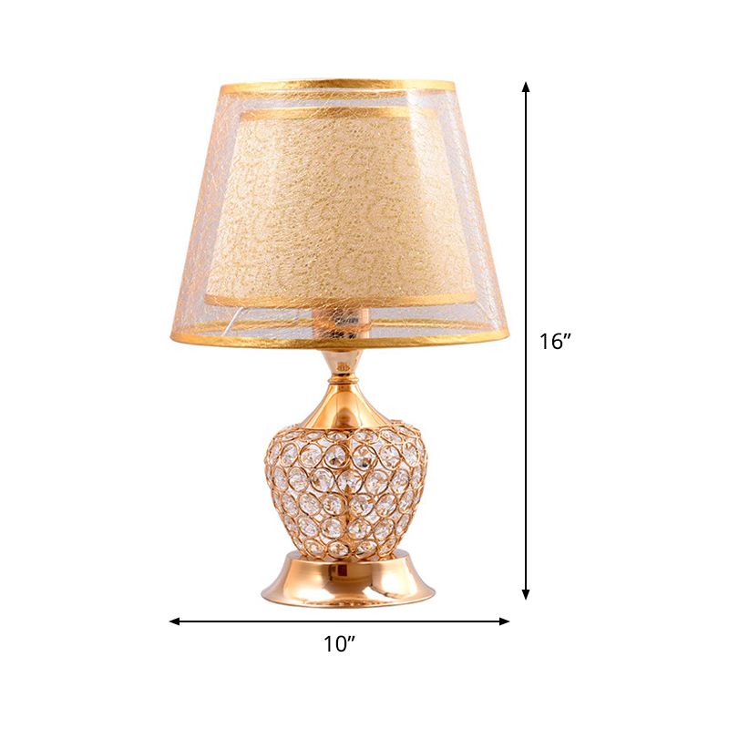 Fabric Flared Shade Table Light Modern 1 Head Gold Small Desk Lamp with Crystal Bead