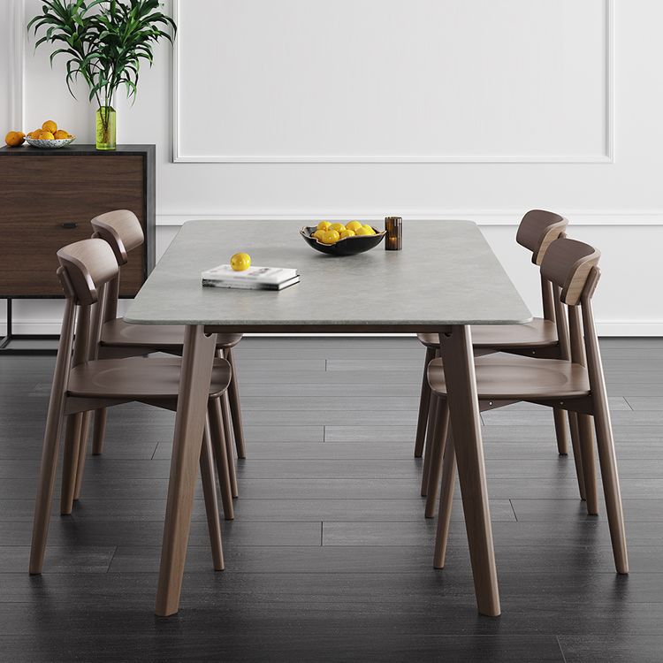 Mid-Century Modern Rectangle Dining Table Sintered Stone Table with 4 Solid Wood Legs