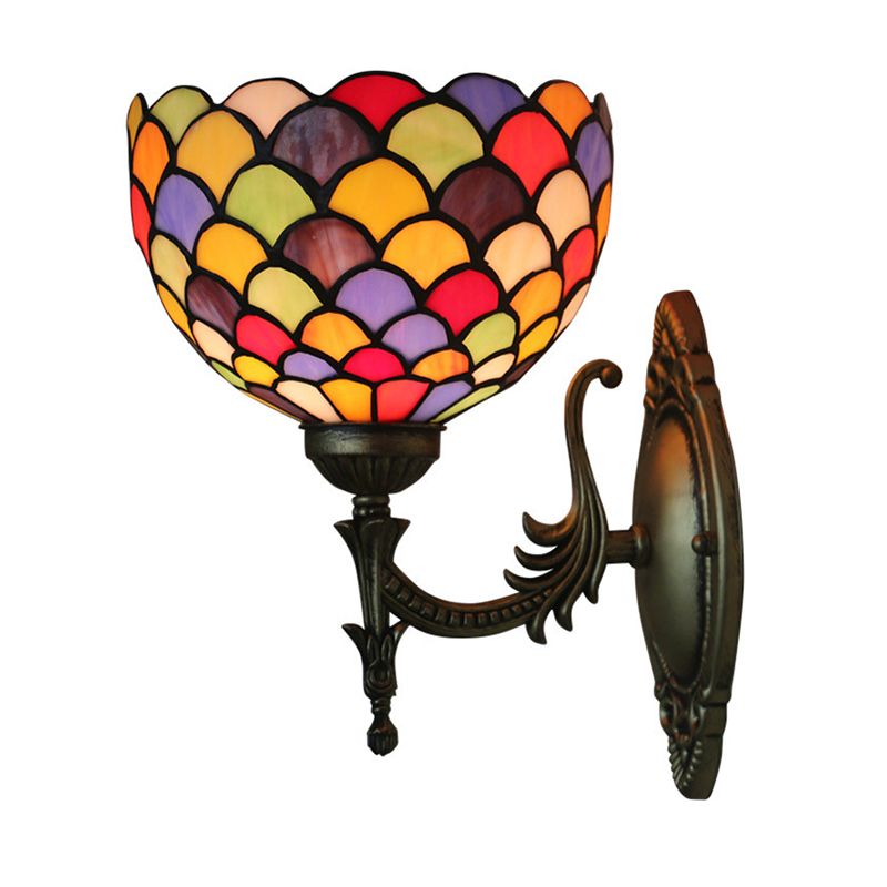 Spots/Semicircles Wall Sconce Light Single-Bulb Stained Glass Tiffany Wall Mounted Light Fixture in Bronze