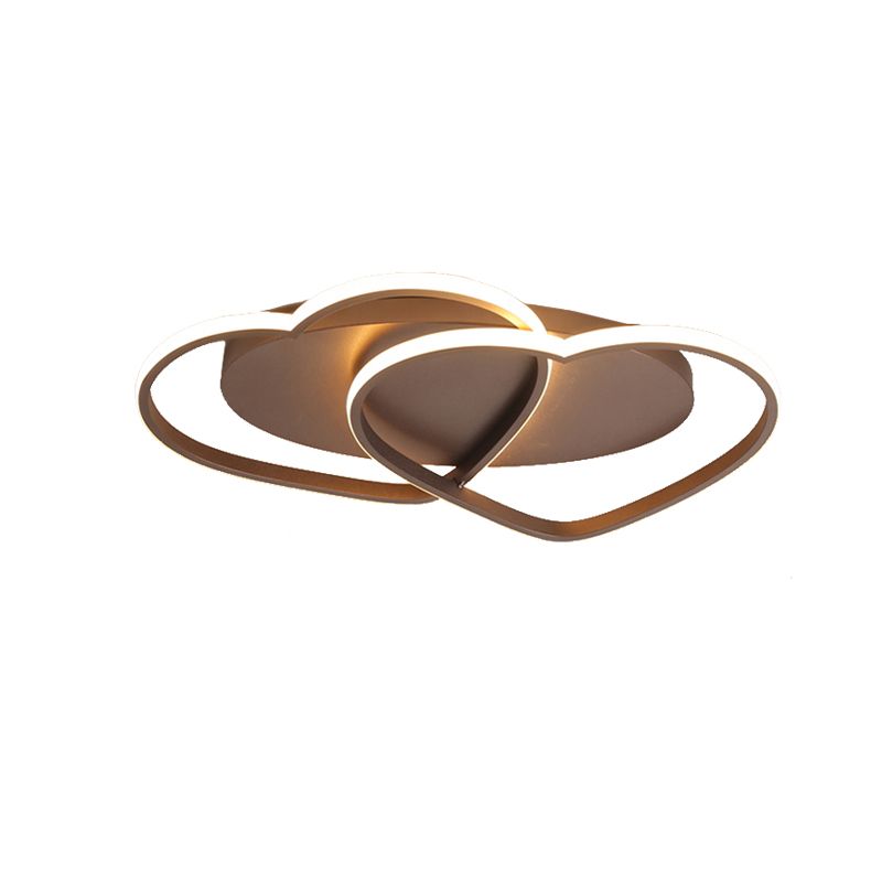 Metal Double Heart Flush Mount Light Romantic Ceiling Lamp in Brown for Study Room