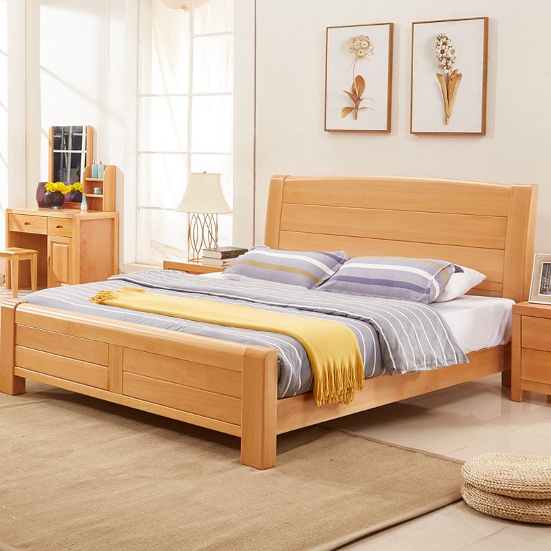 Scandinavian Beech Wood Bed with Legs and Sleigh Headboard in Natural