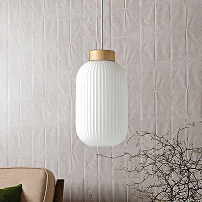 5.5"/8"/12" W Cylinder Pendant Light with Milk Glass Ribbed Shade Modern 1 Light Restaurant Ceiling Fixture in White