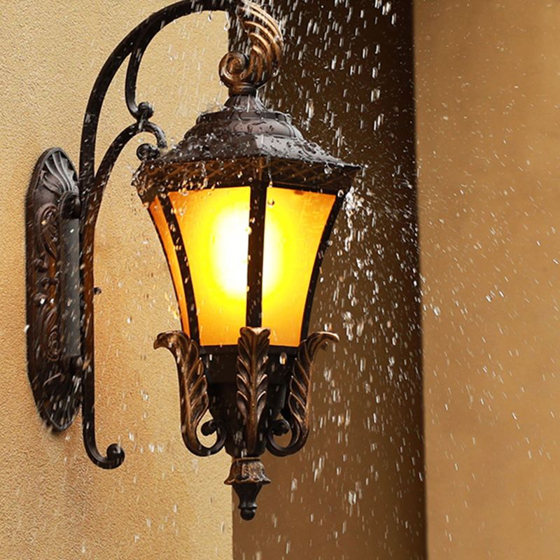 1-Light Amber Glass Wall Lamp Vintage Black Flared Villa Garden Wall Sconce Light
