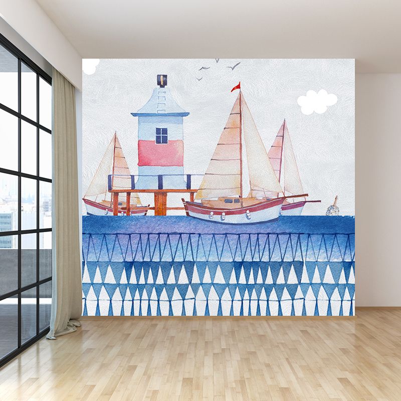 Cartoon Scenery Drawing Mural Decal Soft Color Childrens Art Wall Covering for Nursery