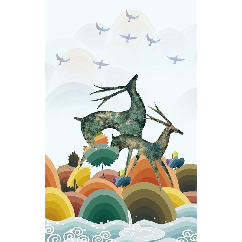 Art Deco Deer Mural Wallpaper for Living Room Customized Wall Covering in Blue-Orange-Yellow
