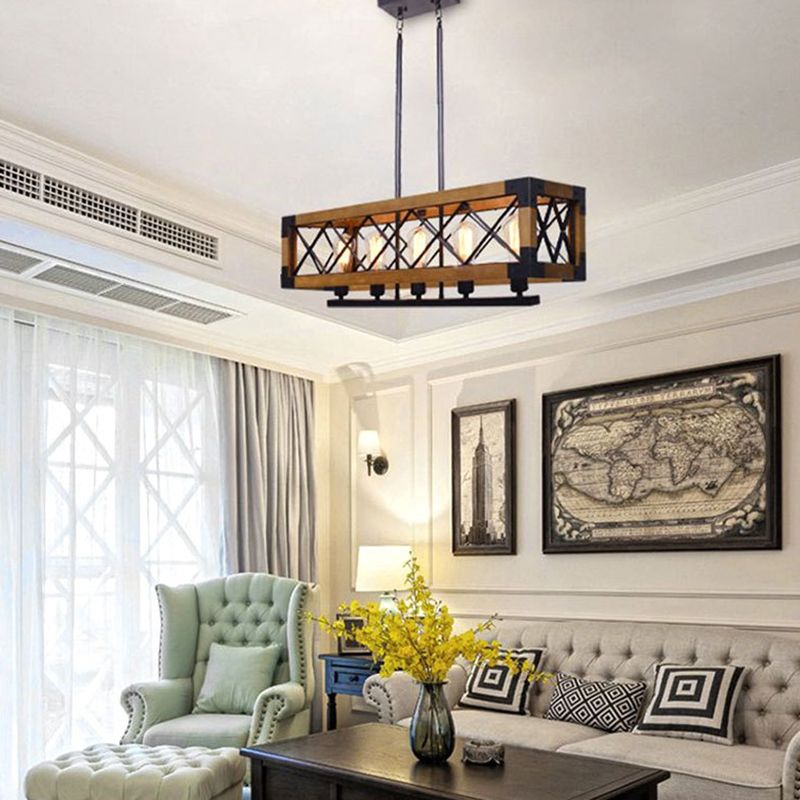 Marco de hierro luz de la isla negra en la luz colgante de madera de madera de estilo retro industrial para el comedor