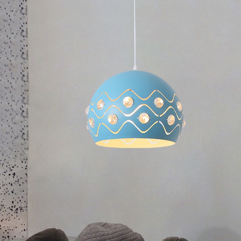 Cutouts Dome Shade Drop Pendant Macaron Iron 1-Light Pink/Blue/Green Suspension Lamp with Embedded Crystal Decor