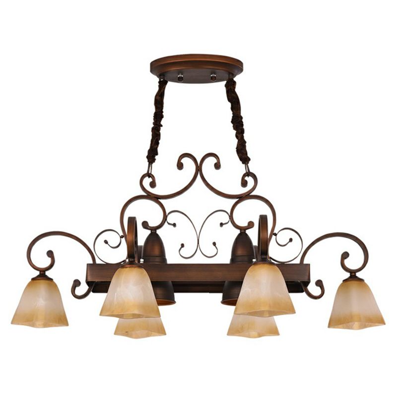 Swirled Arm Dining Room Chandelier Lighting Classic Metal Copper Pendant Light with Bell Beige Glass Shade
