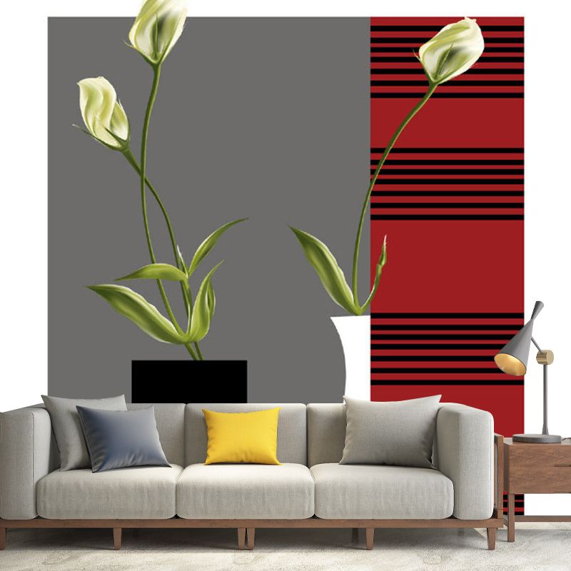 Minimalistic Tulip Flower Wall Mural Red-Grey Bedroom Wall Art, Custom Size Available