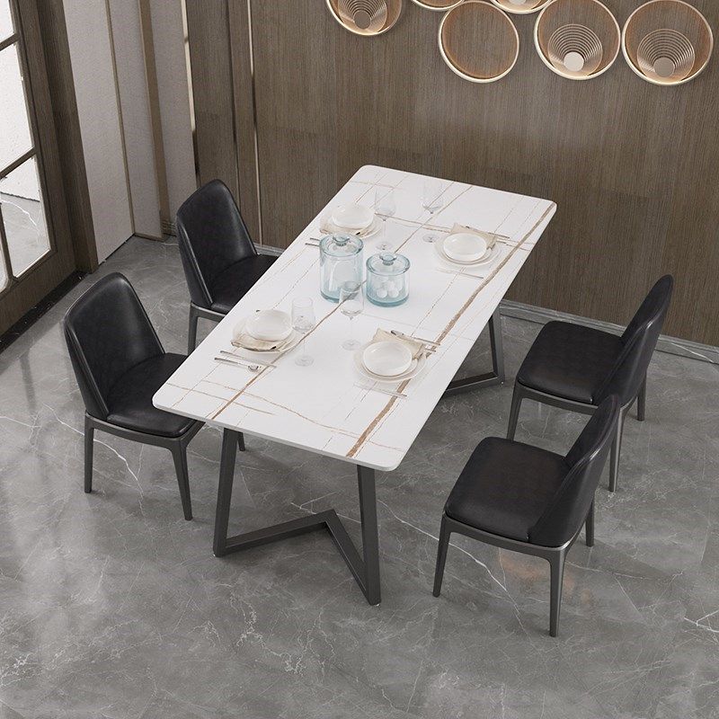 Modern Rectangle Stone Table for Restaurant Balck Metal Pedestal Dining Table