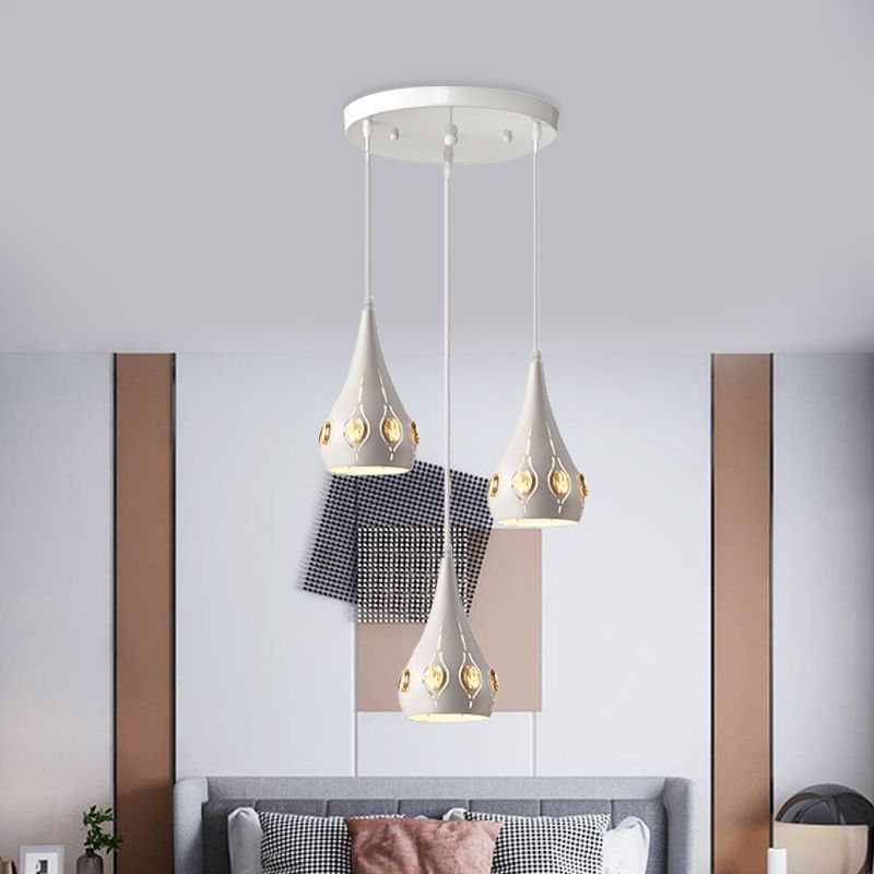 Teardrop Iron Multi Light Pendant Light Minimalist 3 Bulbs White Suspension Lamp with Crystal Block Accent
