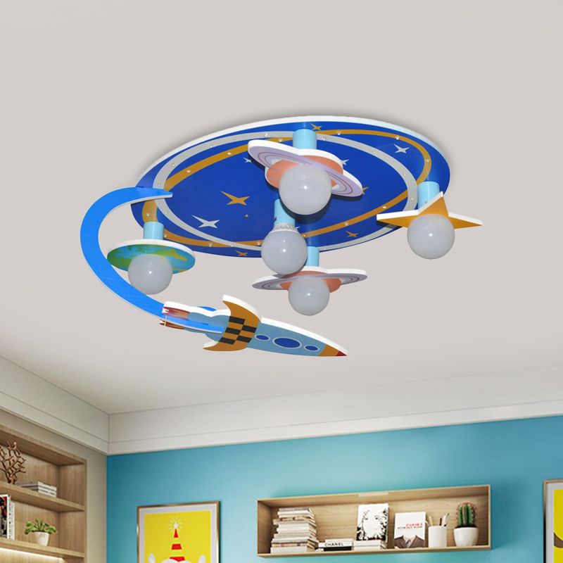 Wood Starry Sky Semi Flushmount Nordic 5-Light Blue Finish Flush Mount Ceiling Lamp for Bedroom