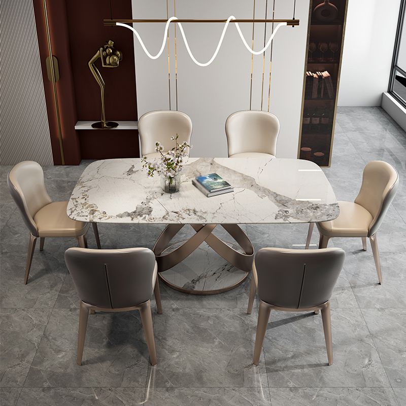 Modern Style Traditional Height Dining Set with Fixed Rectangle Shape Table and Gold Trestle Base