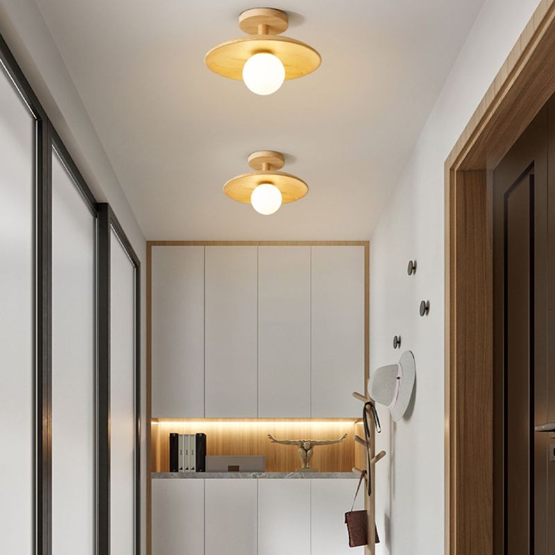1-Light Ceiling Light Wooden Ceiling Mount Light with Glass Shade for Bedroom