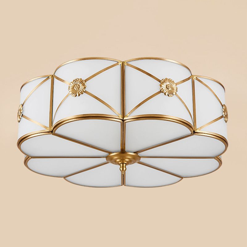 White Frosted Glass Drum Ceiling Light Traditional Rustic Style Brass Lighting Fixture for Bedroom Living Room