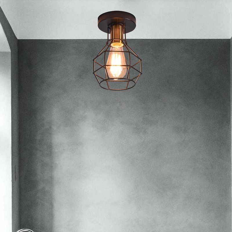 Luz de techo de balcón industrial de montura semi de montura de 1 luz con jaula de metal en forma de bola en negro