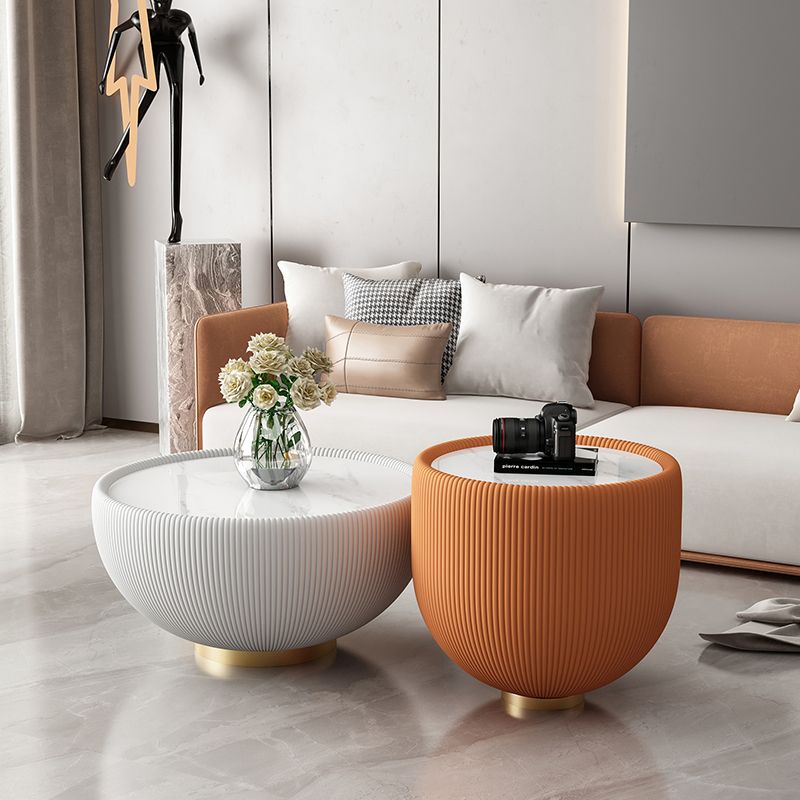 Square Block Base Cocktail Table Rock Plate Desktop Round Coffee Table with Metal Base