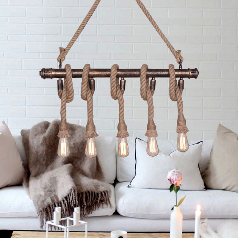 Linear Restaurant Island Lighting Fixture Industrial Metal Beige Chandelier Lighting Fixture