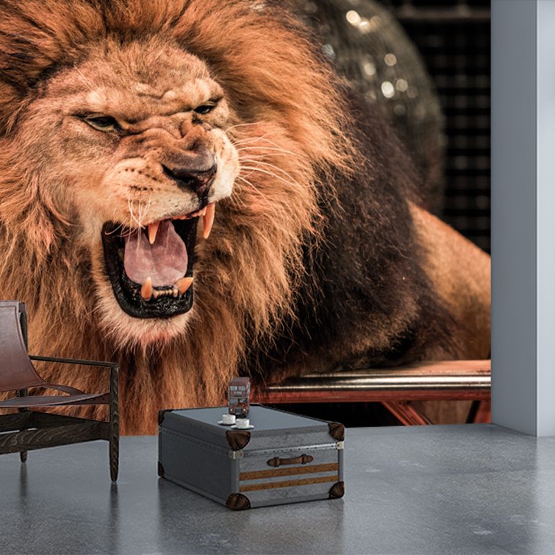 Stain Resistant Roaring Lion Mural Modern Non-Woven Wall Art in Brown, Custom Print
