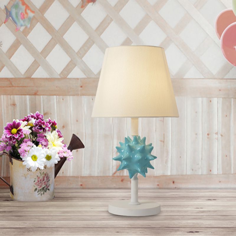 Resin Sea Urchin Night Table Lamp Cartoon Single Bulb Sky Blue/Gold/Dark Blue Nightstand Light with Barrel Fabric Shade for Bedside