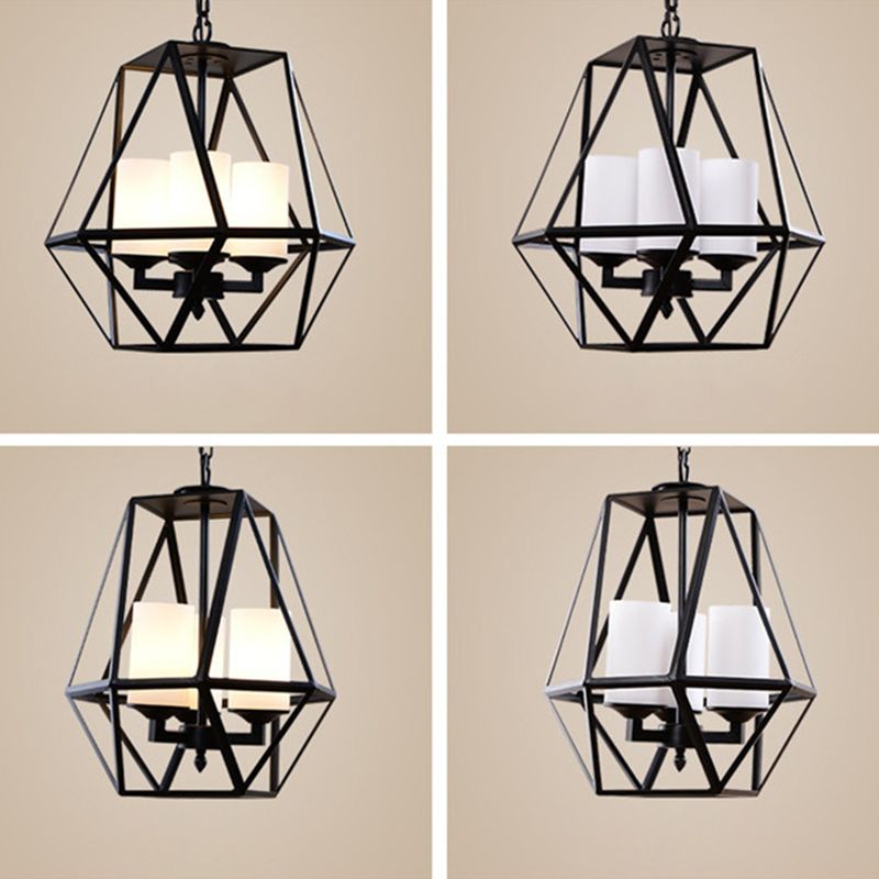 Wrought Iron Black Pendant Light in Industrial Vintage Style Geometric Adjustable Ceiling Light with Iron Frame