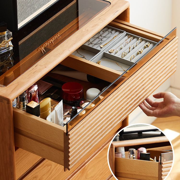 Mid-Century Modern Chest with 5 Drawers and Glass Top in Natural