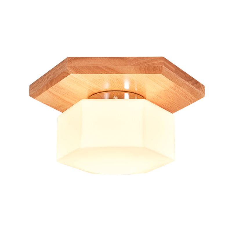 Cream Glass Hexagon Flush Ceiling Light Nordic 1 Light Flushmount Lighting with Wood Canopy