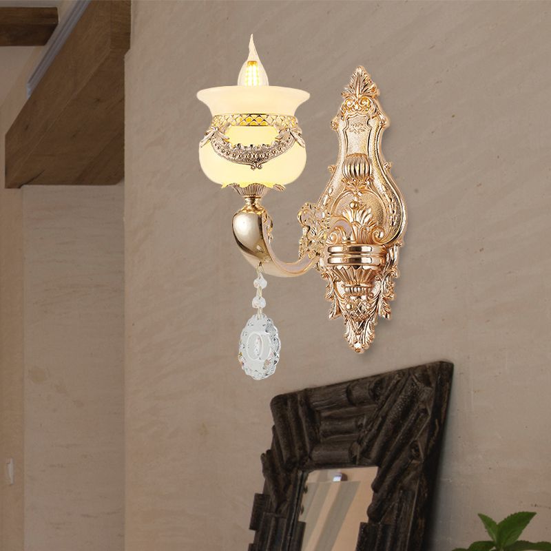 Gold Candlestick Sconce Lamp Traditional Jade 1/2-Light Living Rom Wall Light with Dangling Crystal