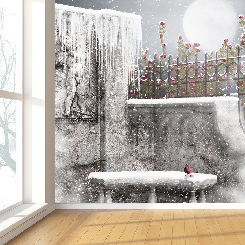 Gray Modern Mural Wallpaper Huge Yard Snow-Covered Landscape Wall Decor for Dining Room