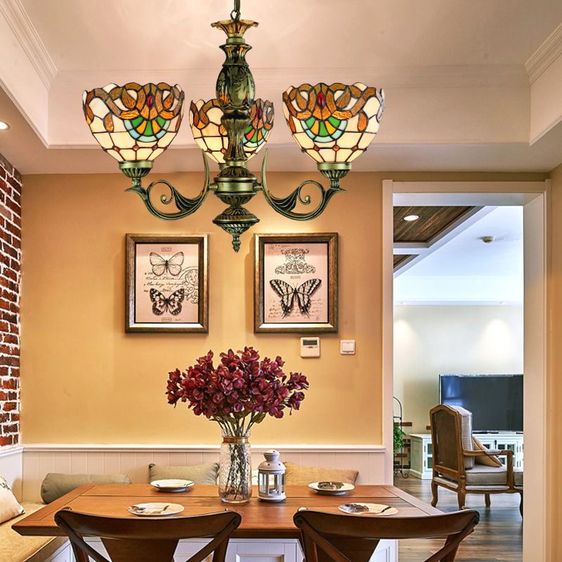 Victorian Bowl Chandelier illuminazione vetrate in vetro 3 luci a sospensione per interni per sala da pranzo