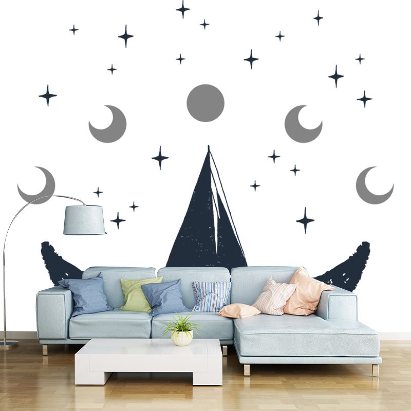 Custom Illustration Novelty Mural with Moon and Whale Tail Pattern in Black-White