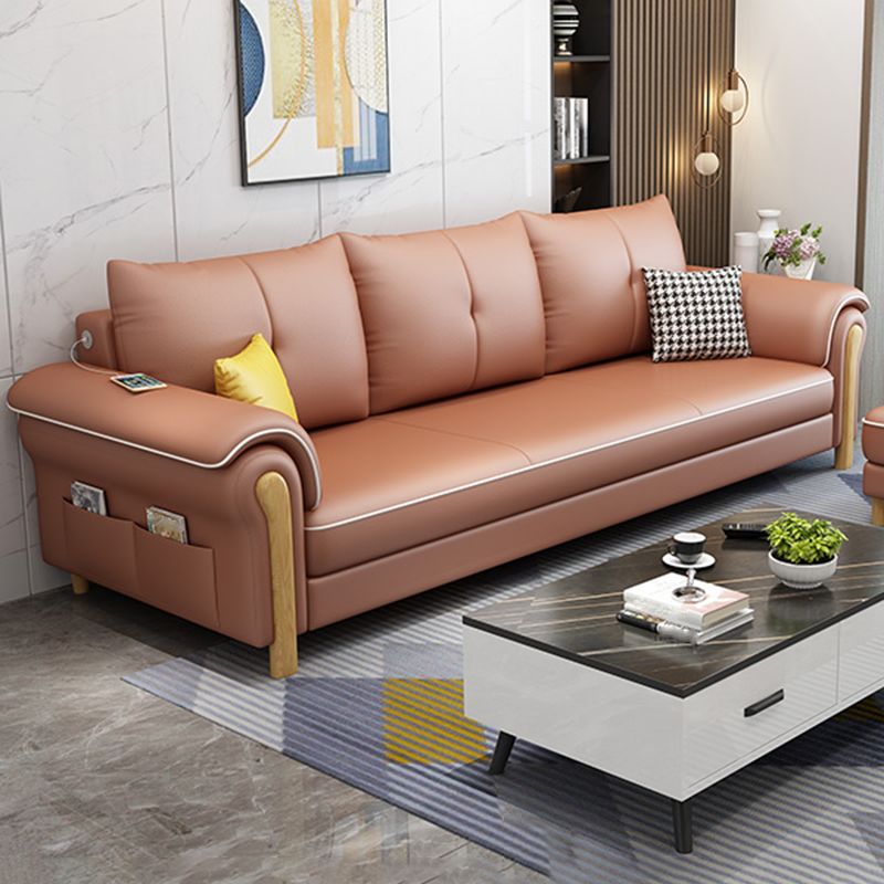 Leather Sofa with Bolster Pillows Single Cushion Seat Square Arm Sofa for Living Room