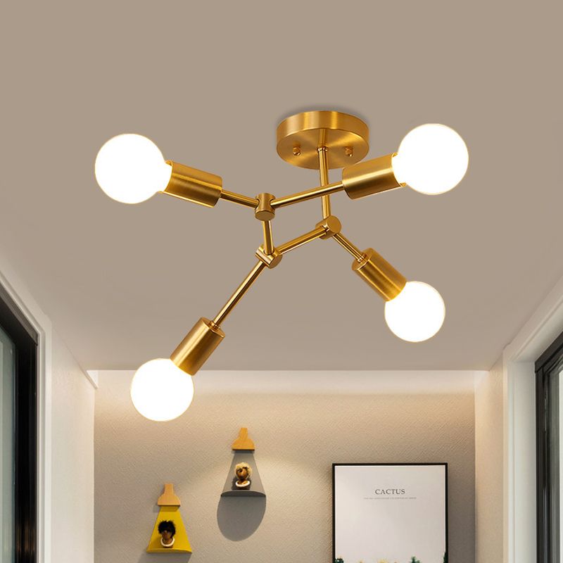 Rotating Molecule Exposed Ceiling Flush Postmodern Metal 3/4-Light Corridor Semi Mount Lighting in Brass