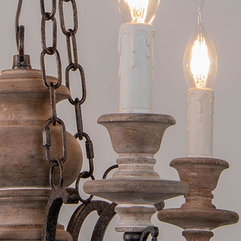 Wooden Brown Chandelier Candle Style 6-Light French Country Suspension Light