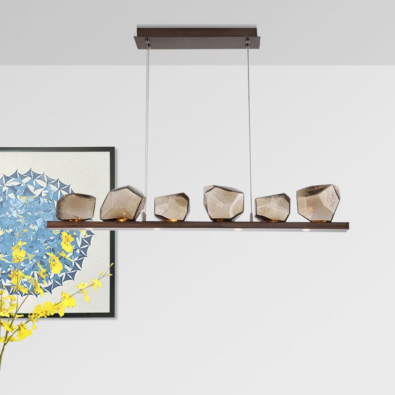 Amber Glass Stone Pendant Lamp Minimalist 6-Bulb Island Lighting Fixture in Brown