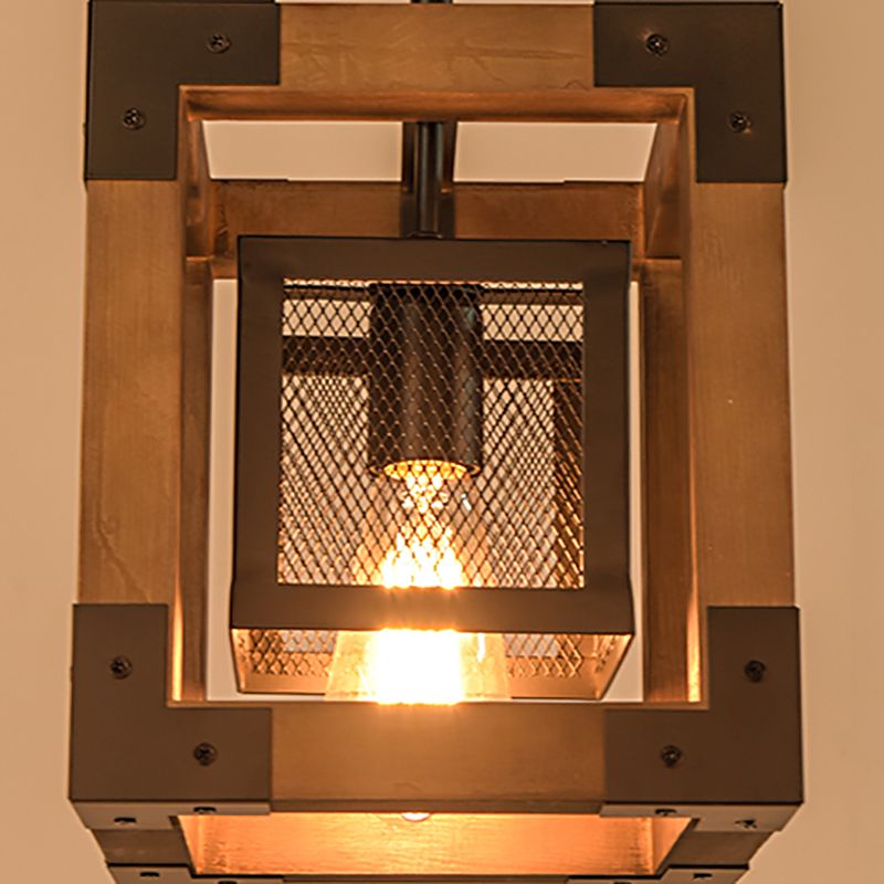 Brown Wire Mesh Pendant Light Industrial Metal One Bulb Living Room Hanging Lamp with Square Shade