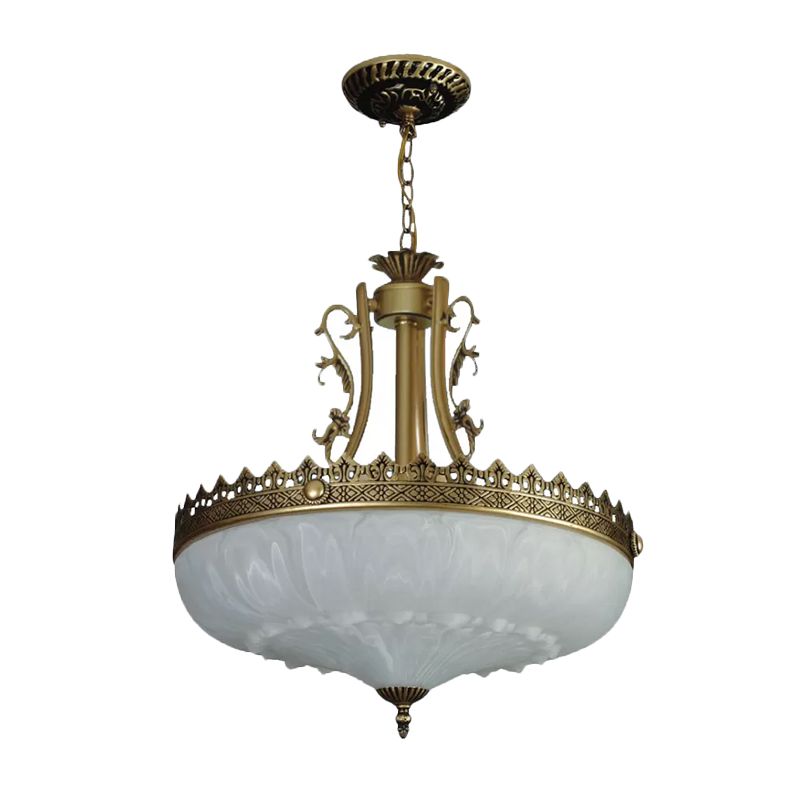 Witte glazen kom kroonluchter hanger Antieke 3 bollen 12 "/16" /19,5 "brede woonkamer plafond suspensielamp in messing