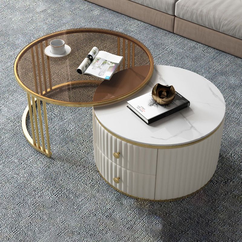 Round Coffee Table Glass Top Nesting Coffee Table Set with Golden Legs