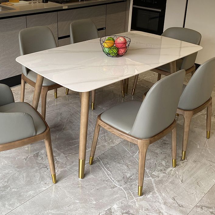 Mesa rectangular contemporánea de madera maciza mesa de comedor de piedra sinterizada con 4 patas