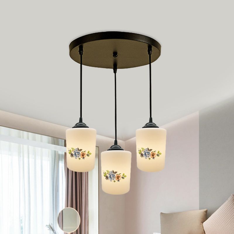 Cylinder Dining Room Multi Ceiling Light Modern White Printed Glass 3-Head Black Hanging Pendant with Linear/Round Canopy