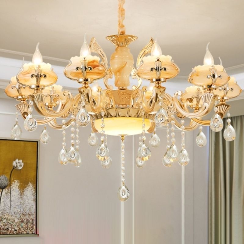 Gouden bloemenschaduw kroonluchter licht retro glas woonkamer hanglamp lamp met hangende kristal